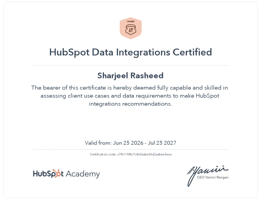 Data Integrations certificate, HubSpot Academy