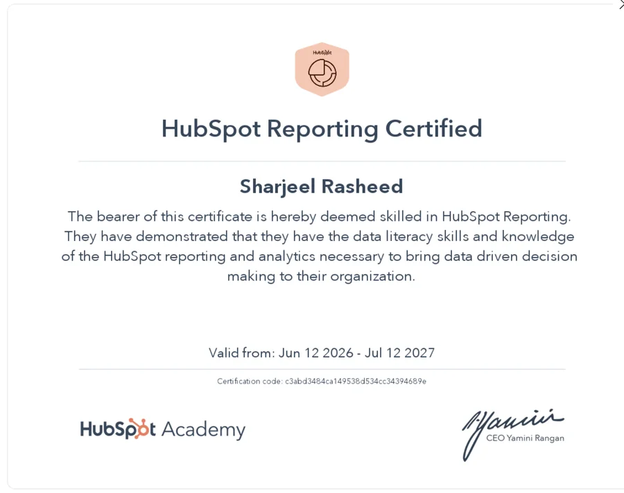 Reporting certificate, HubSpot Academy